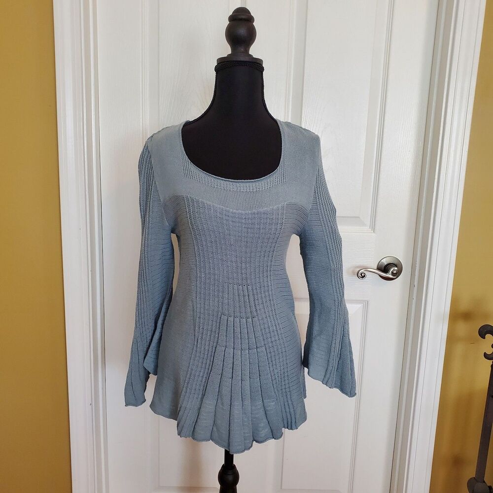 Dusty Blue Fit & Flare Bell Sleeve 100% Cotton Knit Sweater Women's Small